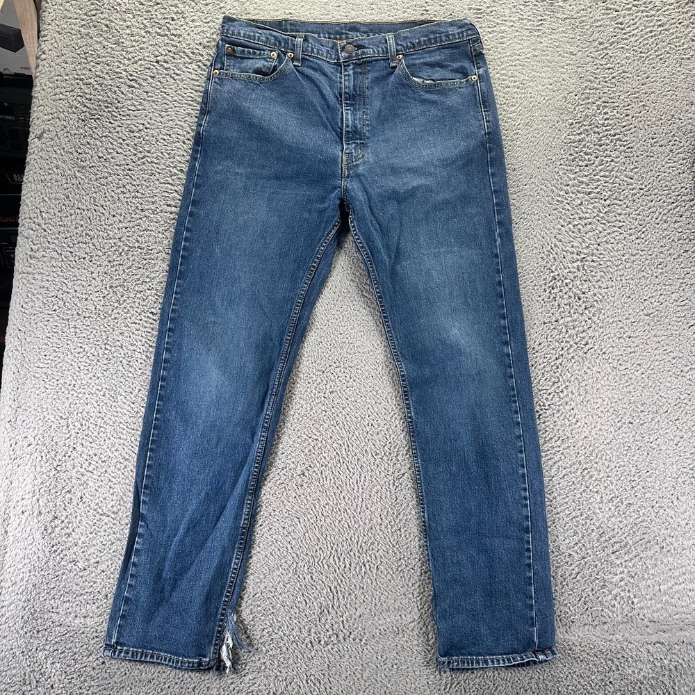 Levi's 505 Jeans Mens 38x34 Blue Cotton Denim Straight Faded Ankle Slit Stretch